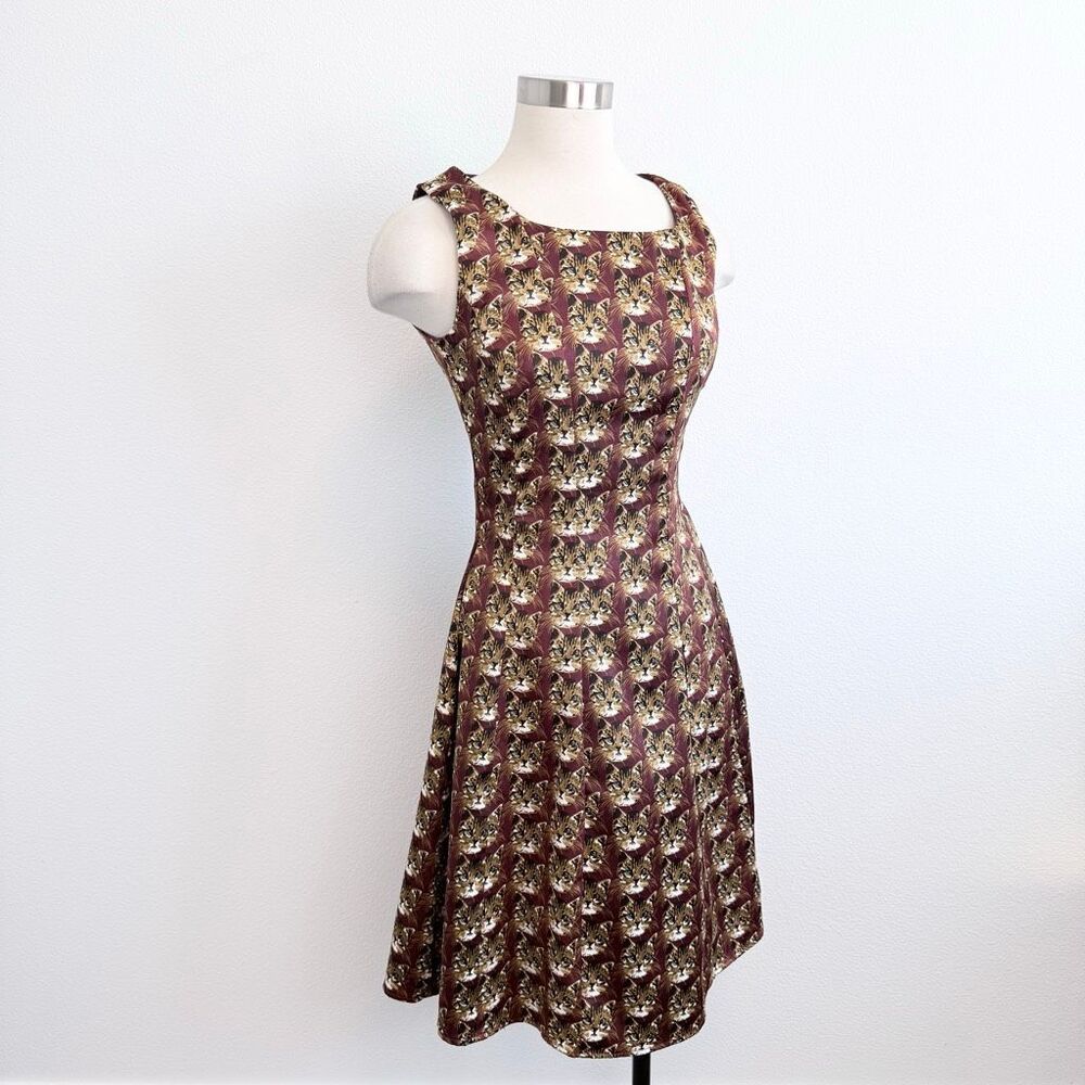 Frock Shop Cat 60s Brown Dress A Line Swing Pinup Mod XS